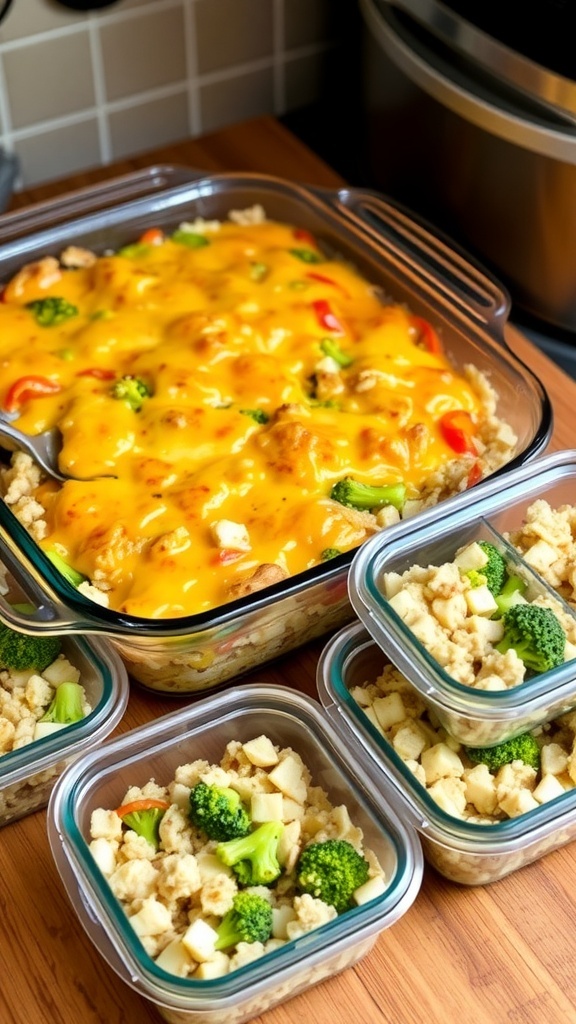 A hearty chicken and rice casserole with cheese and vegetables in a baking dish, surrounded by meal prep containers.